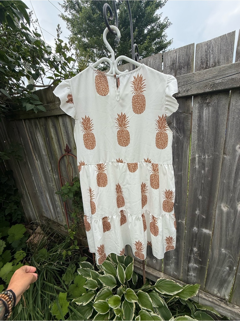 SHEIN White Dress with Brown Pineapple Print Tiered Mini